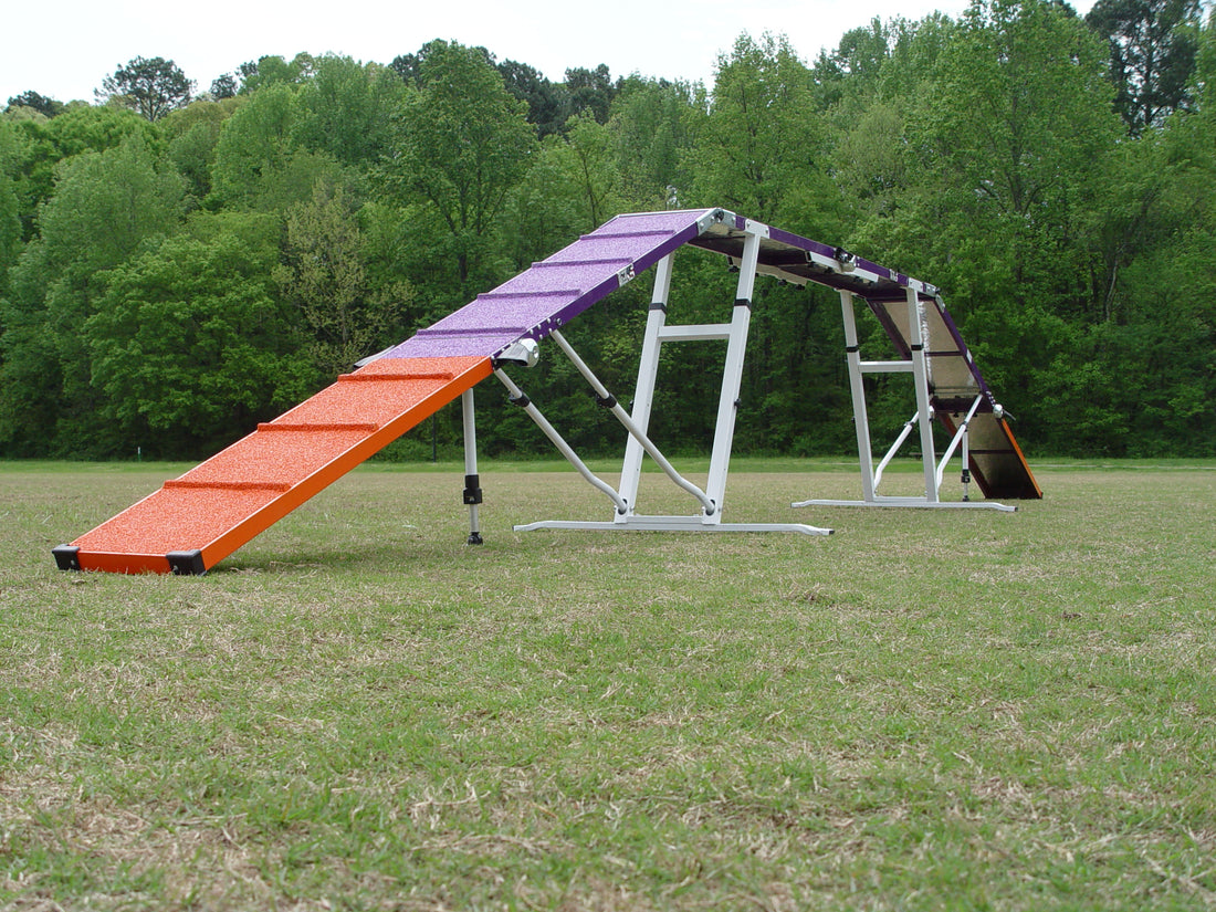 *8’ Dog Walk, Rubber Top, Aluminium Boards, Metal Steel Structure, On-Wheels Interface Ready, Purple/Orange - Dog Agility USA